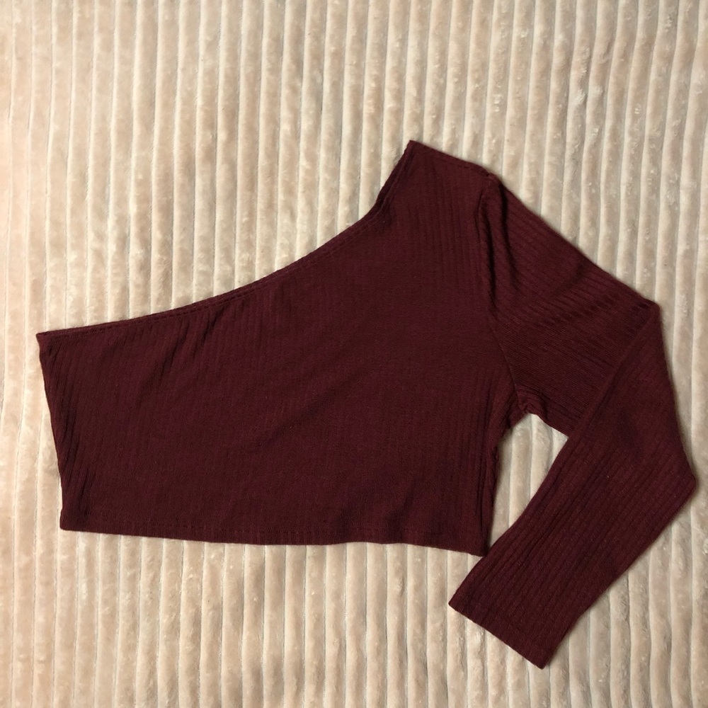 Burgundy One-Shoulder 2XL Fitted Crop Top, with Knit Texture